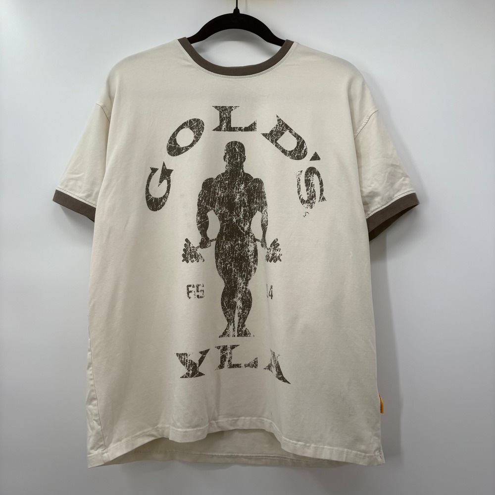 YoungLA Gold's Gym Mens Large Ringer Shirt Cream Brown Distressed Graphic